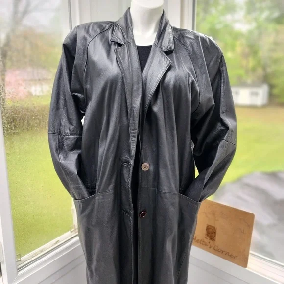 Vintage Accent Black Leather Cocoon Sleeve Maxi Single Breasted Coat Size XL - Picture 7 of 14